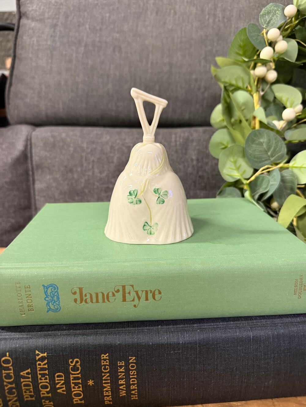 Vintage Belleek Shamrock Harp Bell, fine Parian porcelain